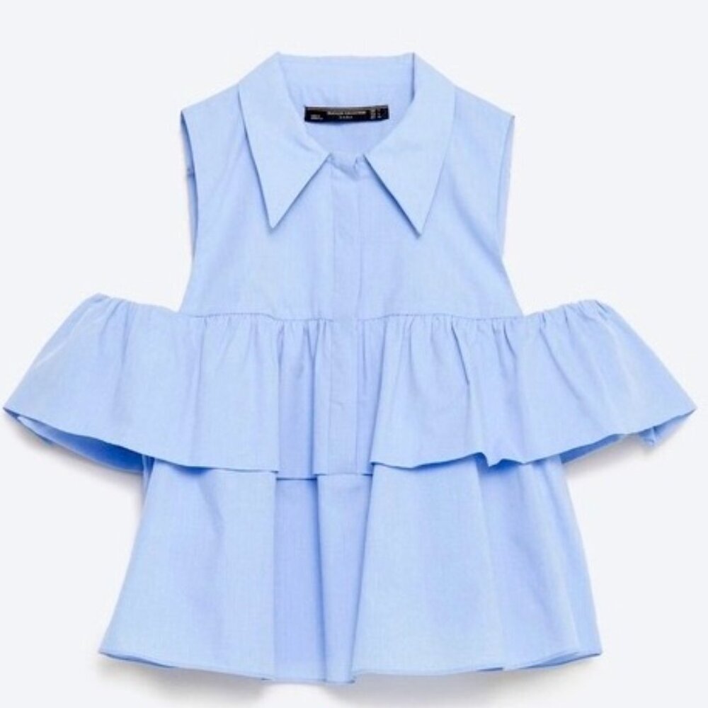 Zara blue ruffle button up off the shoulder top Size Small women's